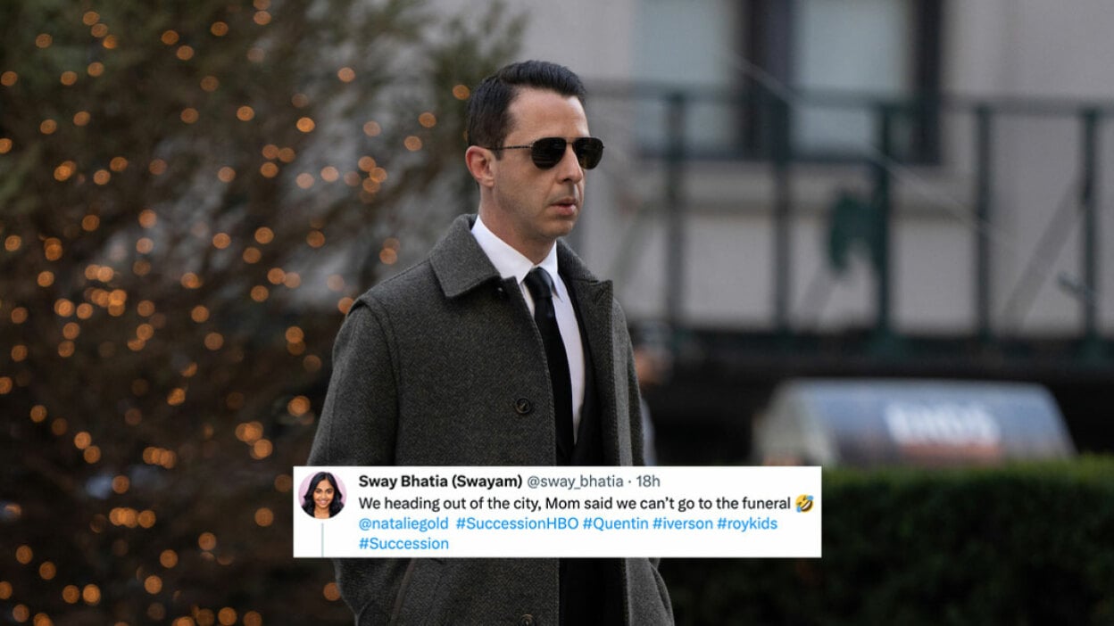 A man in shades walks down the street. A tweet is overlaid over the image.