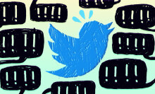 An illustration of the blue Twitter bird logo surrounded by black text boxes. Inside the text boxes are a series of exclamation points.