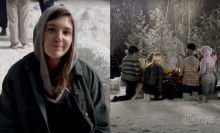 Two images side by side from the set of Yellowjackets showing star Sophie Nélisse in winter clothing smiling at the camera and another showing a group of teen girls around a funeral pyre.