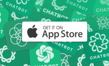 ChatGPT lookalike apps with a box say "Get it on the App Store" in the foreground