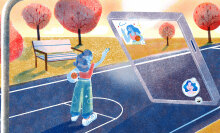 An illustration of a girl taking a BeReal on the basketball court. 