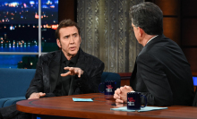Nicolas Cage is interviewed by Stephen Colbert on "The Late Show."