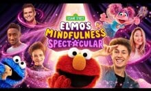 A title card that reads "Elmo's Mindfulness Spectacular" features Elmo, Abby, and Cookie Monster surrounded by human friends and purple glitter.