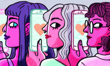 illustration of three femme people looking at their phones