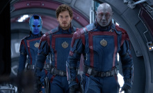 Karen Gillan as Nebula, Chris Pratt as Peter Quill/Star-Lord, and Dave Bautista as Drax in Marvel Studios' "Guardians of the Galaxy Vol. 3".