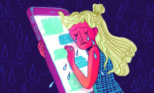 illustration of woman hugging and crying a giant iphone with texts on the screen