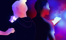 An illustration of two human silhouettes on a multicolor background. They are both holding glowing phones and a hand is reaching out from the left to touch one of their shoulders.
