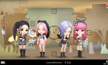 A screenshot from "Blackpink the Game" showing the members as animated avatars posing for a camera.