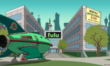 A cartoon illustration of a company building with a rocket parked outside it. 