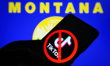 A crossed-out TikTok logo is seen on a smartphone and flag of the state of Montana on a pc screen.