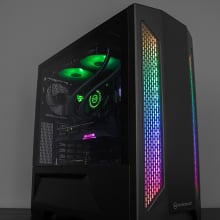 A PC computer with rainbow lights.