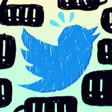 An illustration of the blue Twitter bird logo surrounded by black text boxes. Inside the text boxes are a series of exclamation points.