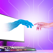 "Creation of Adam" style composition with an AI arm reaching out of the computer screen to touch a human arm