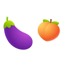 Cartoon eggplant and peach emoji icon. Funny symbolic representation of male and female sexual organs. Isolated vector clip art illustration.