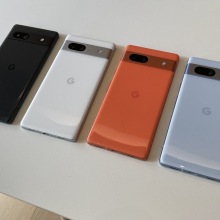 Four Google Pixel 7a phones set side by side