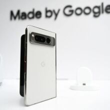The new Google Pixel Fold phone is seen in a media area during the Google I/O, annual developers conference at Shoreline Amphitheatre in Mountain View, California on May 10, 2023.