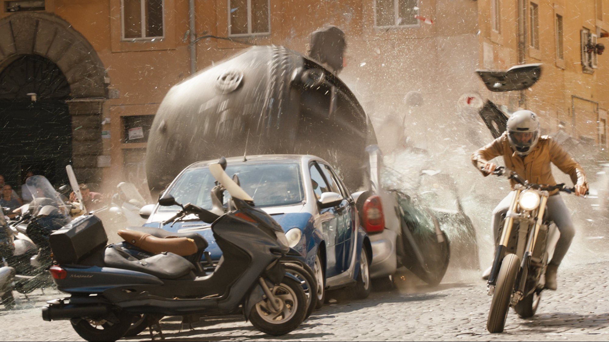 A giant spherical bomb does damage in Rome in "Fast X."