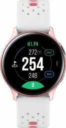 Samsung smartwatch with circular face and pink and white wristband