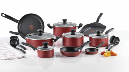 Red 18-piece cookware set from T-Fal on a white background.