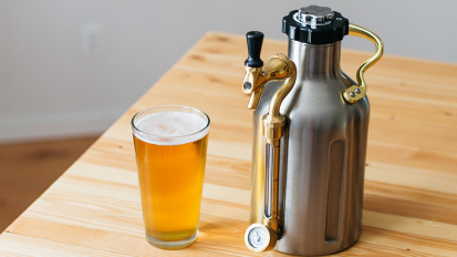 A carbonated growler on a table.