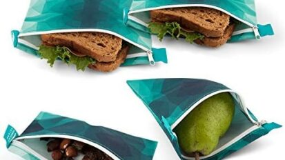 Set of four blue geometric print reusable sandwich bags