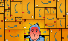illustration of a man looking confused amid a pile of amazon boxes