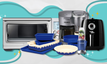kitchen appliances and cookware on sale for black friday with a teal and gray background