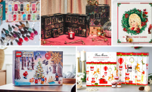 a collage of 2022 advent calendars from OPI, Voluspa, Williams Sonoma, LEGO, and Bonne Maman