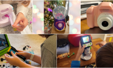 collage of toys: sewing machine, magic mixies crystal ball, digital camera, legos, microscope