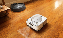 Roomba mopping a wood floor