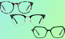 Three pairs of glasses against a green background.