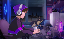illustration of anime-style man in his room typing on a computer while his black and brown dog sleeps on the windowsill