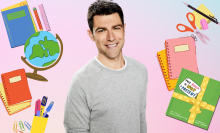 Max Greenfield at the center. Around him are illustrations of school materials like pens and notebooks.