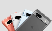 all four colors of the new google pixel 7a against a light gray background