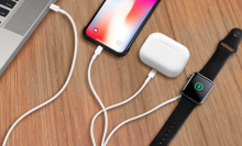 iphone, airpods, and apple watch charging with 3-in-1 cable