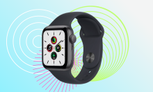 Apple Watch SE 1 against a light blue background with white, green, and pink circles