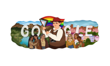 A digital illustration of Cameron, wearing a brown sweater vest, brown hat, and camera around her neck, waving a Pride flag. Behind her is a landscape image split in half, with the left side depicting natural terrain and indigenous people, and the right depicting San Francisco and the LGBTQ community.