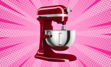 Kitchenaid stand mixer against a pink background