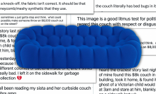 A photo of the blue couch on a background of tweets about it.