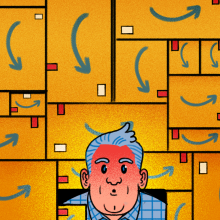 illustration of a man looking confused amid a pile of amazon boxes