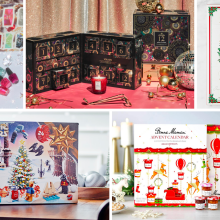 a collage of 2022 advent calendars from OPI, Voluspa, Williams Sonoma, LEGO, and Bonne Maman