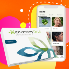 AncestryDNA kit in front of an orange background with squiggles