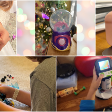collage of toys: sewing machine, magic mixies crystal ball, digital camera, legos, microscope