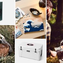 a collage of valentine's day gift ideas for a husband, including a24 screenplay books, a lego set, a pizza oven, a custom yeti cooler, and a carhartt dog coat