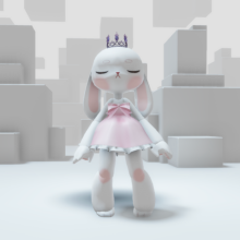 A plush white bunny with a round head and blushed cheeks stands on an empty gray stage. She wears a purple crown and a pink babydoll dress with white frill at the hem.