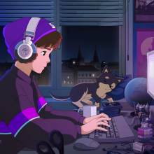 illustration of anime-style man in his room typing on a computer while his black and brown dog sleeps on the windowsill