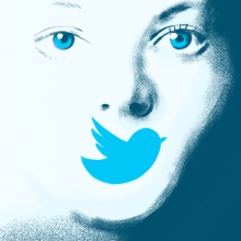 A person's face is half obscured in shadow. Their mouth is covered by the bright blue Twitter bird logo.