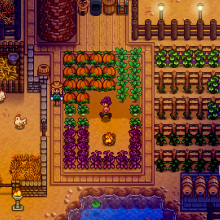 A screenshot of "Stardew Valley" showing a farm in a video game.