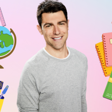 Max Greenfield at the center. Around him are illustrations of school materials like pens and notebooks.