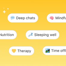 bumble badges that read "deep chats," "mindfulness," "nutrition," "sleeping well," "therapy," and "time offline" in front of yellow background